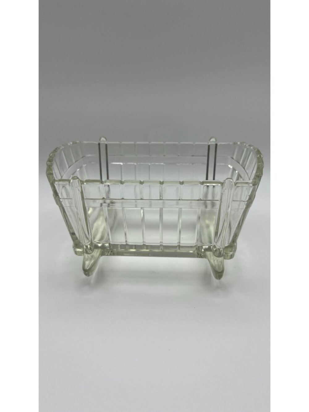 Vintage Glass Footed Rectangular Dish With Ribbed Design Clear Finish Decorative - Picture 4 of 6
